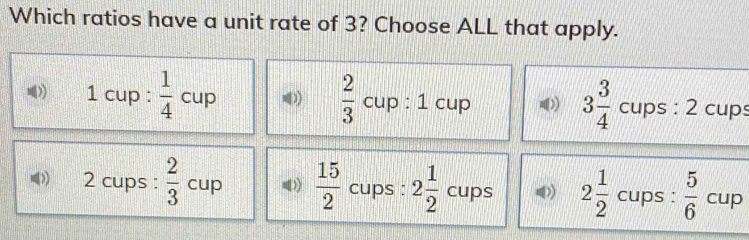 Which ratios have a unit rate of 3? Choose ALL that apply.
1cup p: 1/4 cup
 2/3 cup:1cup
3 3/4 cups:2 cups
》 2 cups :  2/3 cup  15/2  cups : 2 1/2  cups 2 1/2  cups :  5/6 cup