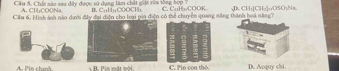 Chất nào sau đây được sử dụng làm chất giặt rửa tồng hợp ? Na.
A. CH₃COONa. B. C15H31COOCH3 C. C1₅H3₁COOK. D. CH₃[CH₂] 11O: SO_2b 
Câu 6. Hình ảnh nào dưới đây đại diện cho loại pin điện có thể chuyển quang năng thành hoá năng?
. ,
+
A. Pin chanh, B. Pin mặt trời. C. Pin con thỏ. D. Acquy chì.