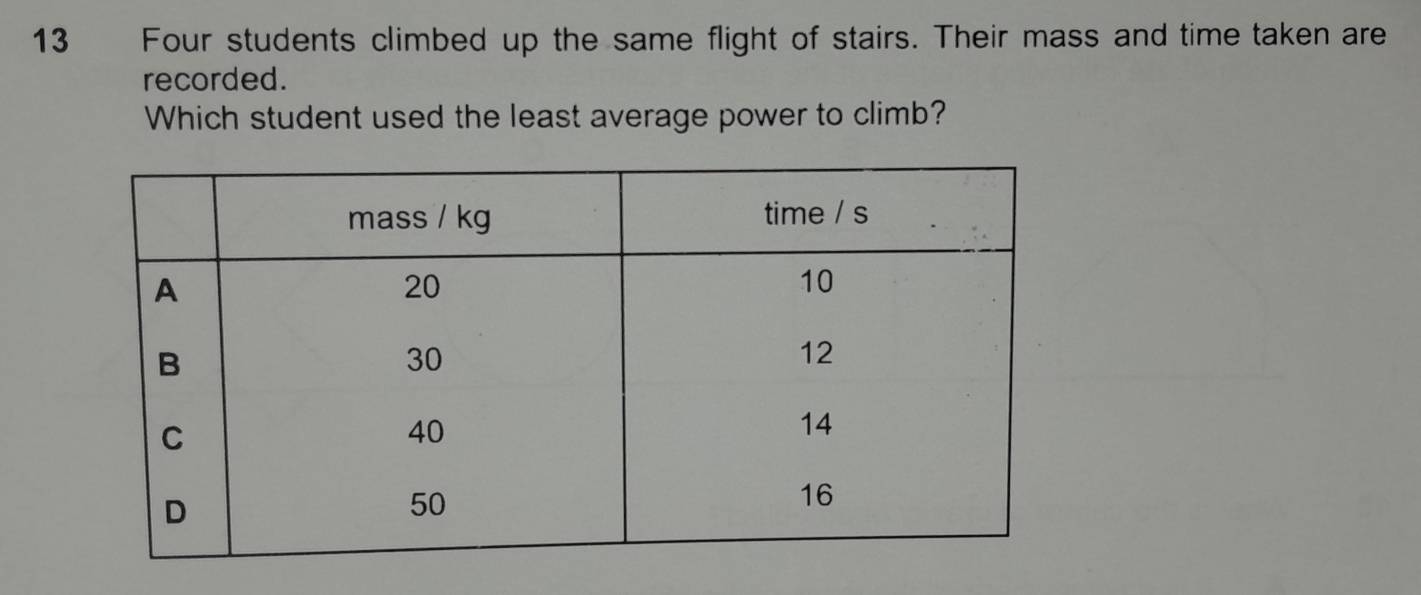 Four students climbed up the same flight of stairs. Their mass and time taken are 
recorded. 
Which student used the least average power to climb?