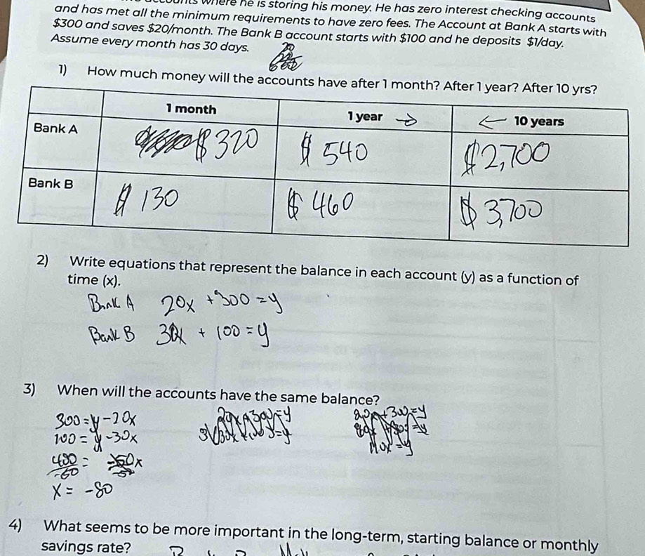 its where he is storing his money. He has zero interest checking accounts 
and has met all the minimum requirements to have zero fees. The Account at Bank A starts with
$300 and saves $20/month. The Bank B account starts with $100 and he deposits $1/day. 
Assume every month has 30 days. 
1) How much money will the accounts ha 
2) Write equations that represent the balance in each account (y) as a function of 
time (x). 
3) When will the accounts have the same balance? 
4) What seems to be more important in the long-term, starting balance or monthly 
savings rate?