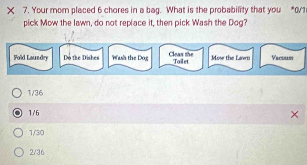 × 7. Your mom placed 6 chores in a bag. What is the probability that you * 0/1
pick Mow the lawn, do not replace it, then pick Wash the Dog?
Fold Laundry Do the Dishes Wash the Dog Clean the Mow the Lawn Vacuum
Toilet
1/36
1/6 ×
1/30
2/36