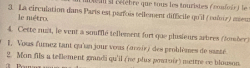 pieau si célèbre que tous les touristes (vouloir) le 
3. La circulation dans Paris est parfois tellement difficile qu'il (voloir) miew 
le métro. 
4. Cette nuit, le vent a soufflé tellement fort que plusieurs arbres (tomber) 
1. Vous fumez tant qu'un jour vous (αvoir) des problèmes de santé 
2. Mon fils a tellement grandi qu'il (ne plus pouvoir) mettre ce blouson. 
3 Pou