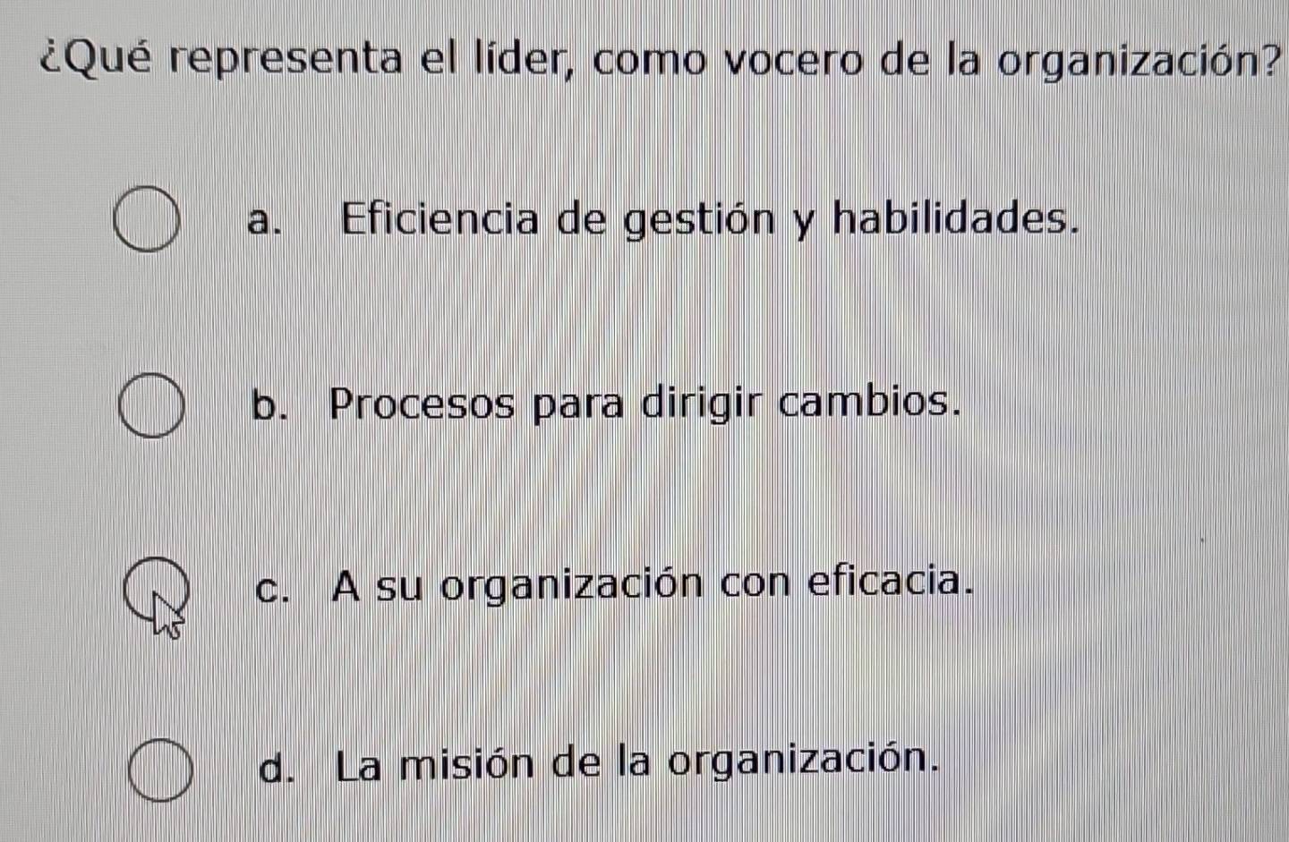 ¿Qué representa el líder, como vocero de la organización?
a. Eficiencia de gestión y habilidades.
b. Procesos para dirigir cambios.
c. A su organización con eficacia.
d. La misión de la organización.