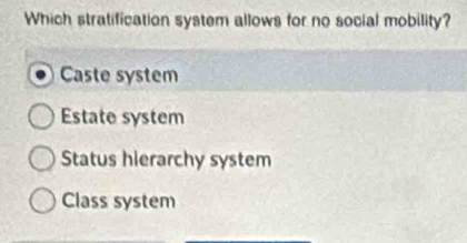 Which stratification system allows for no social mobility?
Caste system
Estate system
Status hierarchy system
Class system