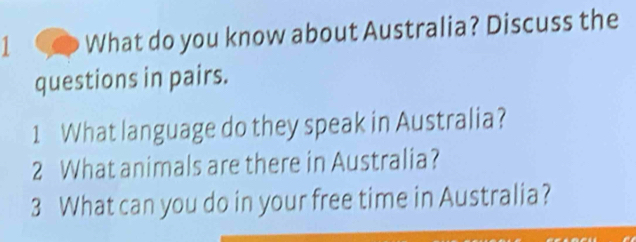 What do you know about Australia? Discuss the 
questions in pairs. 
1 What language do they speak in Australia? 
2 What animals are there in Australia? 
3 What can you do in your free time in Australia?