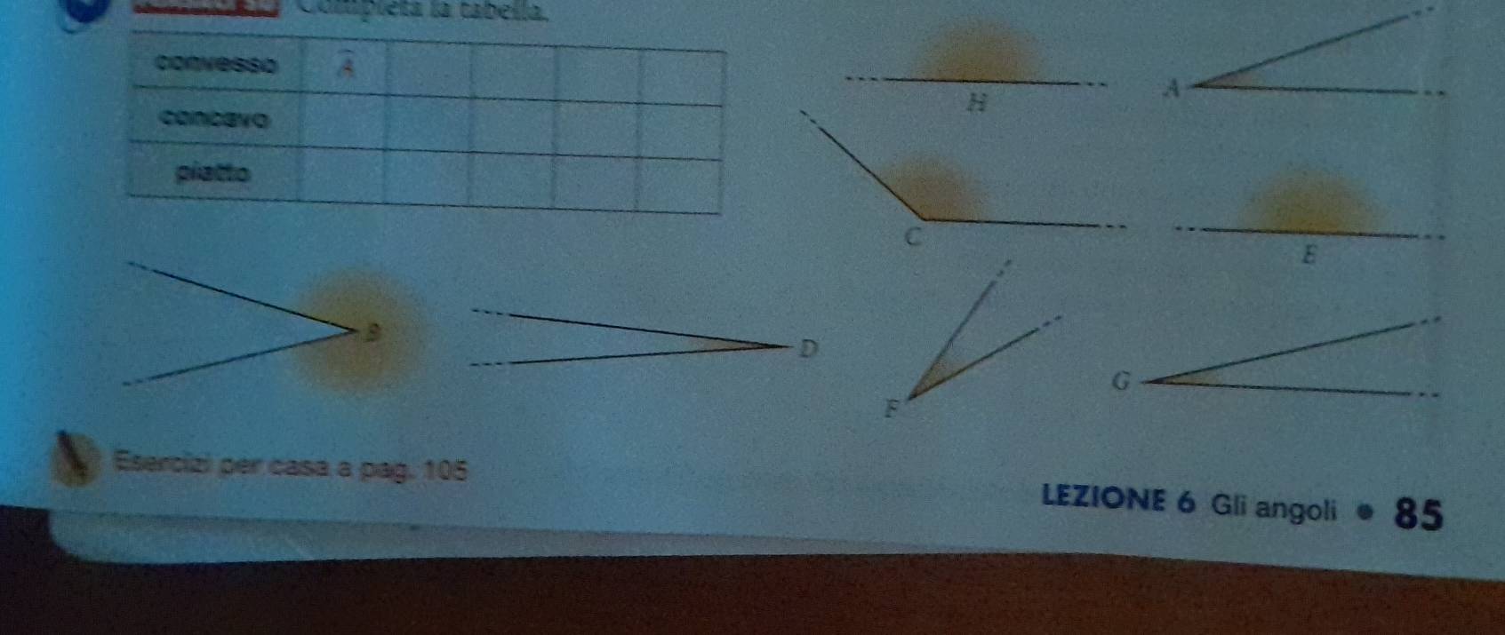 Compiéta la tabella,
A
E
B
D
Esercizi per casa a pag. 105
LEZIONE 6 Gli angoli 85