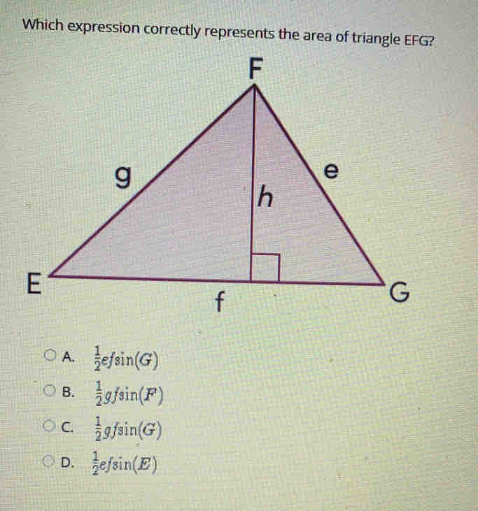 Which expression correctly represents the area of triangle EFG?
A.  1/2 efsin (G)
B.  1/2 gfsin (F)
C.  1/2 gfsin (G)
D.  1/2 efsin (E)