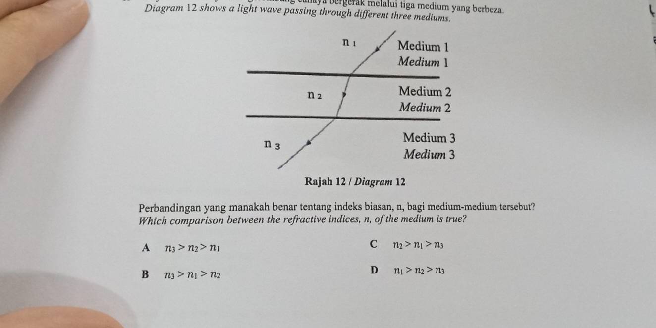 calaya bergěrak melalui tiga medium yang berbeza.
Diagram 12 shows a light wave passing through different three mediums.
Rajah 12 / Diagram 12
Perbandingan yang manakah benar tentang indeks biasan, n, bagi medium-medium tersebut?
Which comparison between the refractive indices, n, of the medium is true?
A n_3>n_2>n_1
C n_2>n_1>n_3
B n_3>n_1>n_2
D n_1>n_2>n_3