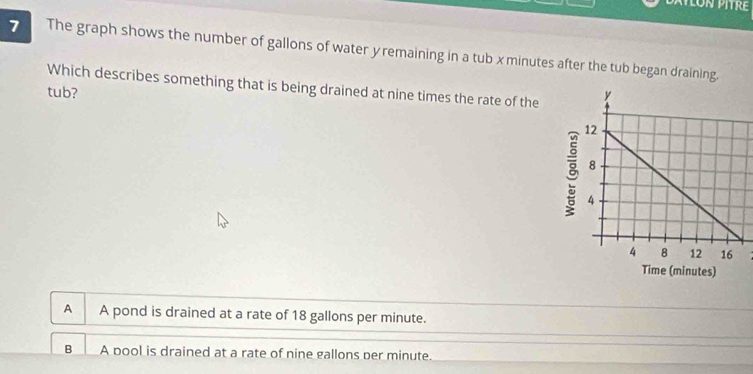 The graph shows the number of gallons of water yremaining in a tub xminutes after the tub began draining.
Which describes something that is being drained at nine times the rate of the
tub?
3
Time (minutes)
A A pond is drained at a rate of 18 gallons per minute.
B A pool is drained at a rate of nine gallons per minute.