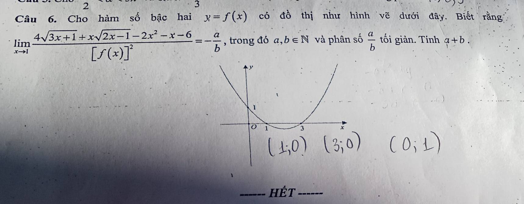 2 
3 
Câu 6. Cho hàm số bậc hai y=f(x) có đồ thị như hình vẽ dưới đây. Biết rằng
limlimits _xto 1frac 4sqrt(3x+1)+xsqrt(2x-1)-2x^2-x-6[f(x)]^2=- a/b  , trong đó a,b∈ N và phân số  a/b  tối giản. Tính a+b. 
_Hết_