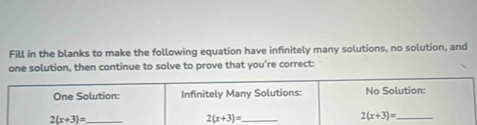 Fill in the blanks to make the following equation have infinitely many solutions, no solution, and
one solution, then continue to solve to prove that you're correct: