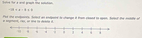 Solve for a and graph the solution.
-18
Plot the endpoints. Select an endpoint to change it from closed to open. Select the middle of 
a segment, ray, or line to delete it.