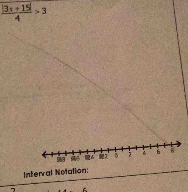  (|3x+15|)/4 >3
Interval Notation: 
a