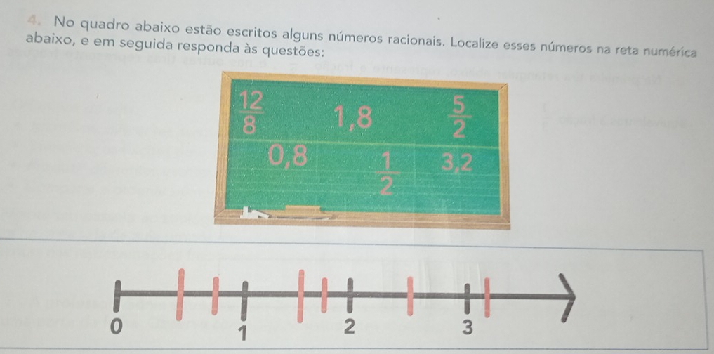 No quadro abaixo estão escritos alguns números racionais. Localize esses números na reta numérica
abaixo, e em seguida responda às questões: