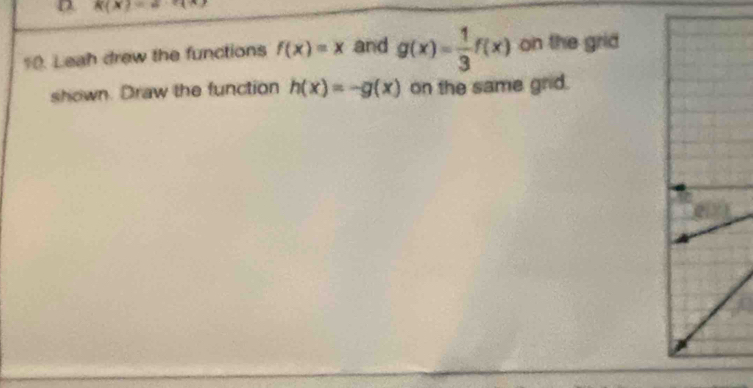 K(x)=a· c(x)
10. Leah drew the functions f(x)=x and g(x)= 1/3 f(x) on the grid 
shown. Draw the function h(x)=-g(x) on the same grd.