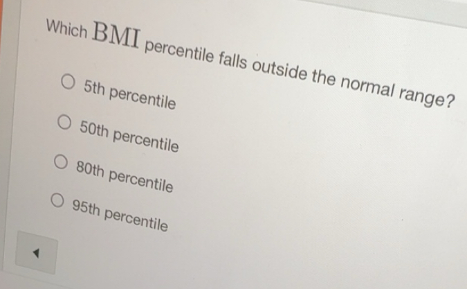 Solved: Which BMI percentile falls outside the normal range? 5th ...