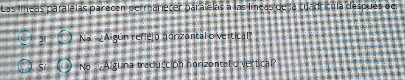 Las líneas paralelas parecen permanecer paralelas a las líneas de la cuadricula después de:
Sí No ¿Algún reflejo horizontal o vertical?
Sí No ¿Alguna traducción horizontal o vertical?