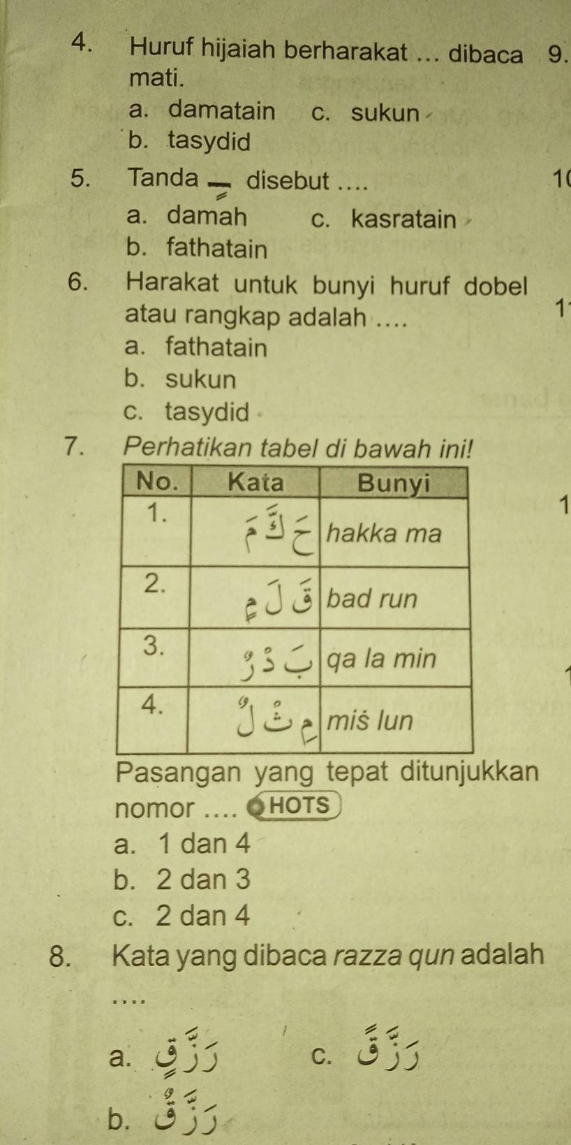 Huruf hijaiah berharakat .. dibaca 9.
mati.
a. damatain c. sukun
b. tasydid
5. Tanda _disebut ....
1(
a. damah c. kasratain
b.fathatain
6. Harakat untuk bunyi huruf dobel
atau rangkap adalah ....
1
a.fathatain
b. sukun
c. tasydid
7. Perhatikan tabel di bawah ini!
1
Pasangan yang tepat ditunjukkan
nomor .... Ohots
a. 1 dan 4
b. 2 dan 3
c. 2 dan 4
8. Kata yang dibaca razza qun adalah
_
a.
C.
b.