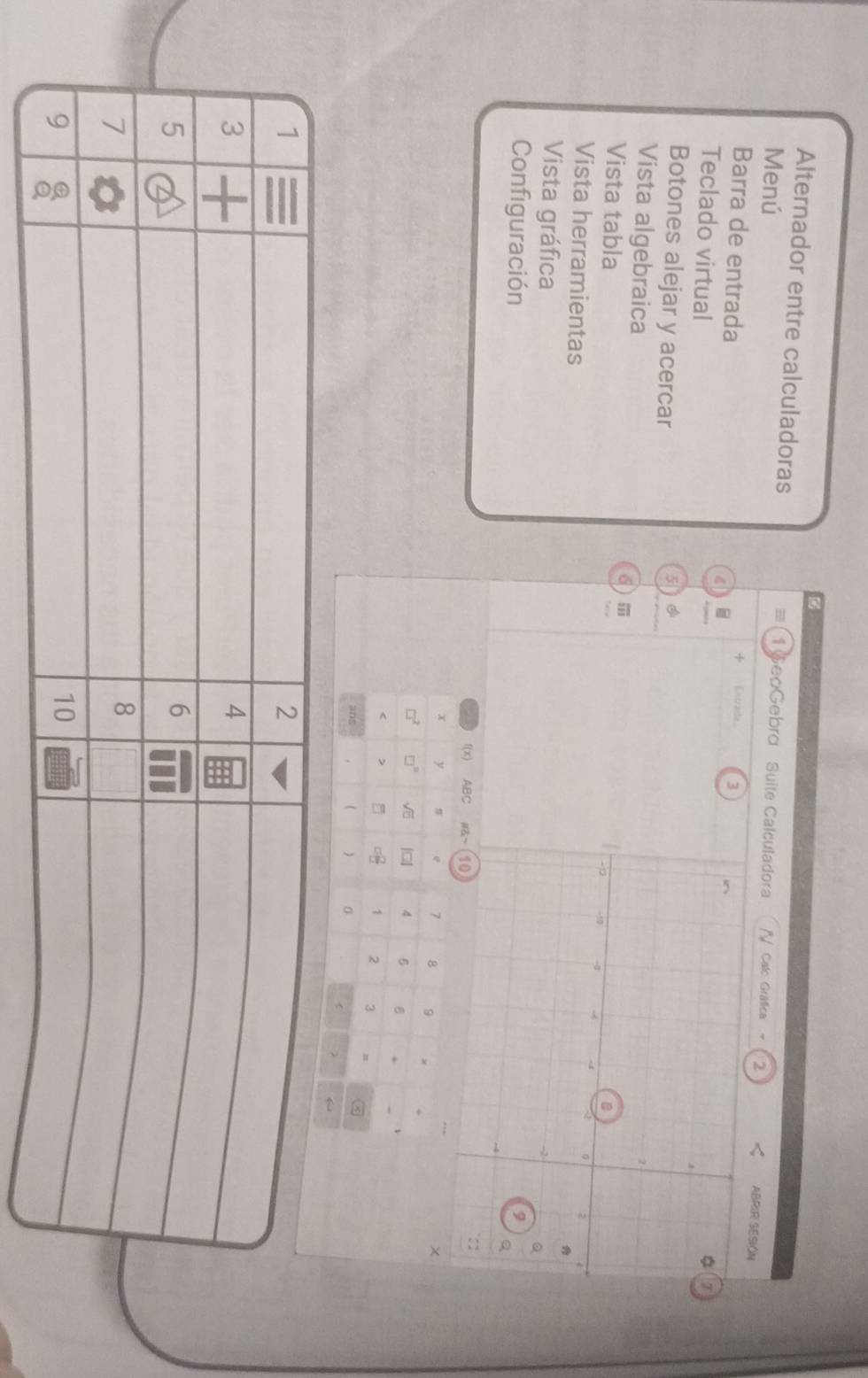 Alternador entre calculadoras
Menú 1  GeoGebra Suite Calculadora / Calc Gráfica AB
<
+ Eitrade 3
Barra de entrada 4  .
Teclado virtual
Botones alejar y acercar
5
Vista algebraica 6 
Vista tabla
Vista herramientas 
Vista gráfica
Configuración
+