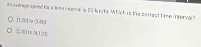 An average speed for a time interval is 50 km/hr. Which is the correct time interval?
(1,20) to (3,80)
(2,20) to (4,120)