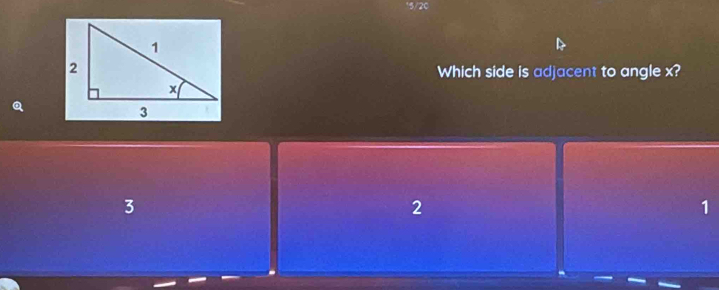 15/20
Which side is adjacent to angle x?
3
2
1