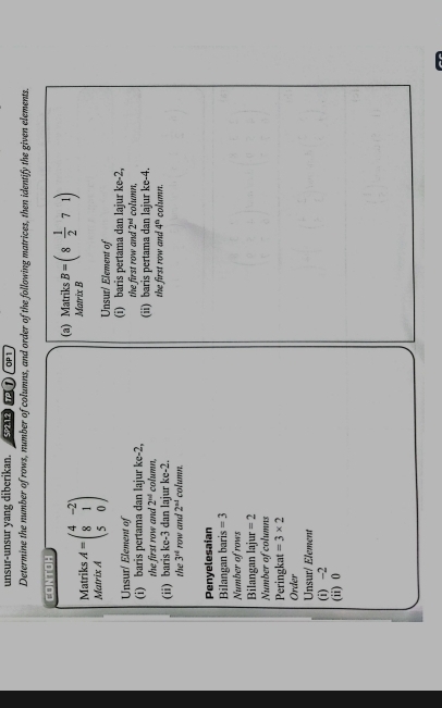 unsur-unsur yang diberikan. SP2.1.2 OP 1
Determine the number of rows, number of columns, and order of the following matrices, then identify the given elements.
CONTOH
Matriks _beginarrayr 4=4&- 4endarray beginpmatrix 4&-2 8&1 5&0endpmatrix 
(a) Matriks B=(8 1/2 71)
Matrix B
Matrix A Unsur/ Element of
Unsur/ Element of (i) baris pertama dan lajur ke-2, 
the first row and 2^(nd)
(i) baris pertama dan lajur ke -2, (ii) baris pertama dan lajur ke -4. column,
the first row and 2^(nd) column.
(ii) baris ke -3 dan lajur ke -2. the first row and 4^(th) column.
the 3^(nd) row and 2^(nd) column.
Penyelesaian
Bilangan baris =3
Number of rows
Bilangan lajur =2
Number of columns
Peringkat =3* 2
Order
Unsur/ Element
(i) -2
(ii) 0