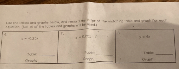 Use the tables and graphs below, and record the letter of the matching table and graph for each
equation. (Not all of the tables and graphs will be used.)
6.
7.
8.
y=-0.25x
y=0.25x-2
y=4x
Table: _Table: _Table:_
Graph:_ Graph: _Graph:_