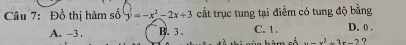 Đồ thị hàm số y=-x^2-2x+3 cắt trục tung tại điểm có tung độ bằng
A. -3. B. 3.
C. 1. D. 0.
ủa hàm số x-x^2+3x-2 7