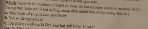 nguyen từ nitrogen này 
Bài 4; Nguyên tử soudium (Natri) có tổng các hạt (proton, electron, neutron) là 34. 
Trong hạt nhân có số hạt không mang điện nhiều hơn số hạt mang điện là 1. 
a. Xác định sdp e, n của nguyên tử 
b. Vẽ sơ đồ nguyên tử 
e. Dự đoán soudium là kim loại hay phi kim? Vì sao? 
Bài 5: 1