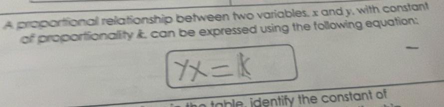 A propartional relationship between two variables, x and y, with constant 
of proportionality I. can be expressed using the following equation: 
table, identify the constant of