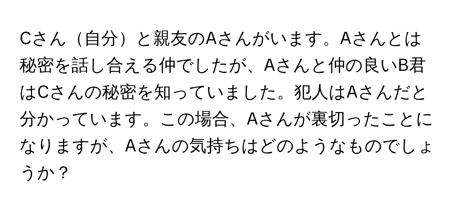 Cさん自分と親友のAさんがいます。Aさんとは秘密を話し合える仲でしたが、Aさんと仲の良いB君はCさんの秘密を知っていました。犯人はAさんだと分かっています。この場合、Aさんが裏切ったことになりますが、Aさんの気持ちはどのようなものでしょうか？