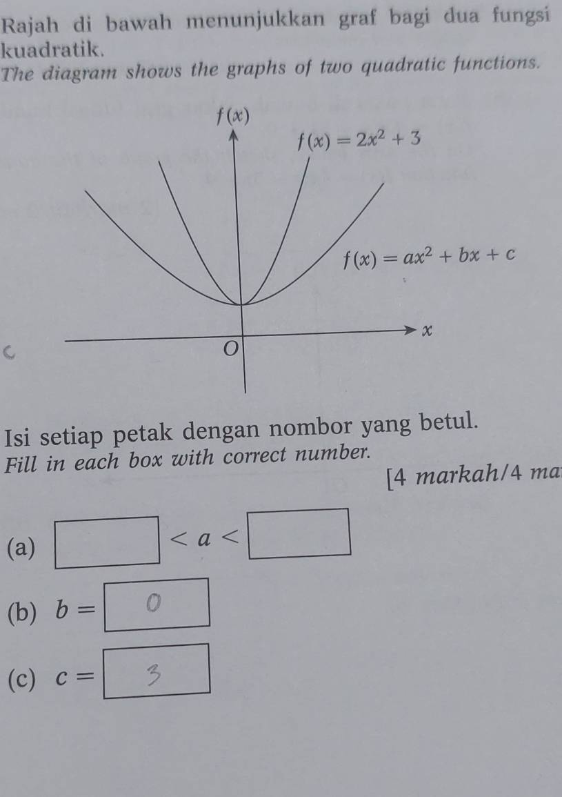 Rajah di bawah menunjukkan graf bagi dua fungsi
kuadratik.
The diagram shows the graphs of two quadratic functions.
Isi setiap petak dengan nombor yang betul.
Fill in each box with correct number.
[4 markah/4 ma
(a) □
(b) b=
(c) c= beginpmatrix □  3°