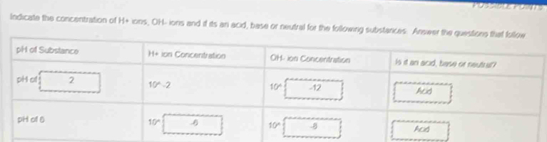 Indicate the concentration of H+ ions, OH- ions and it its an acid, base or neutral for the following substarces. Answ