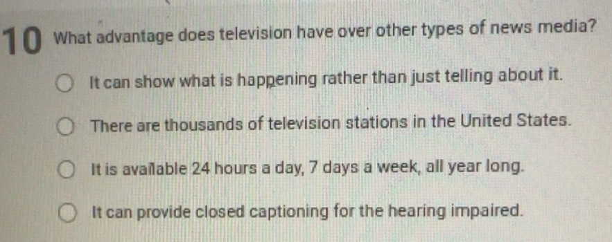 Solved: What advantage does television have over other types of news ...