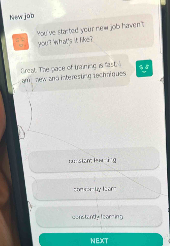 New job
You've started your new job haven't
you? What's it like?
Great. The pace of training is fast. I
am_ new and interesting techniques.
constant learning
constantly learn
constantly learning
NEXT