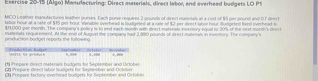 (Algo) Manufacturing: Direct materials, direct labor, and overhead budgets LO P1 
MCO Leather manufactures leather purses. Each purse requires 2 pounds of direct materials at a cost of $5 per pound and 0.7 direct 
labor hour at a rate of $15 per hour. Variable overhead is budgeted at a rate of $2 per direct labor hour. Budgeted fixed overhead is
$11,000 per month. The company's policy is to end each month with direct materials inventory equal to 30% of the next month's direct 
materials requirement. At the end of August the company had 2,880 pounds of direct materials in inventory. The company's 
production budget reports the following. 
Production Budget September October November 
Units to produce 4,800 6, 600 6,000
(1) Prepare direct materials budgets for September and October. 
(2) Prepare direct labor budgets for September and October. 
(3) Prepare factory overhead budgets for September and October.