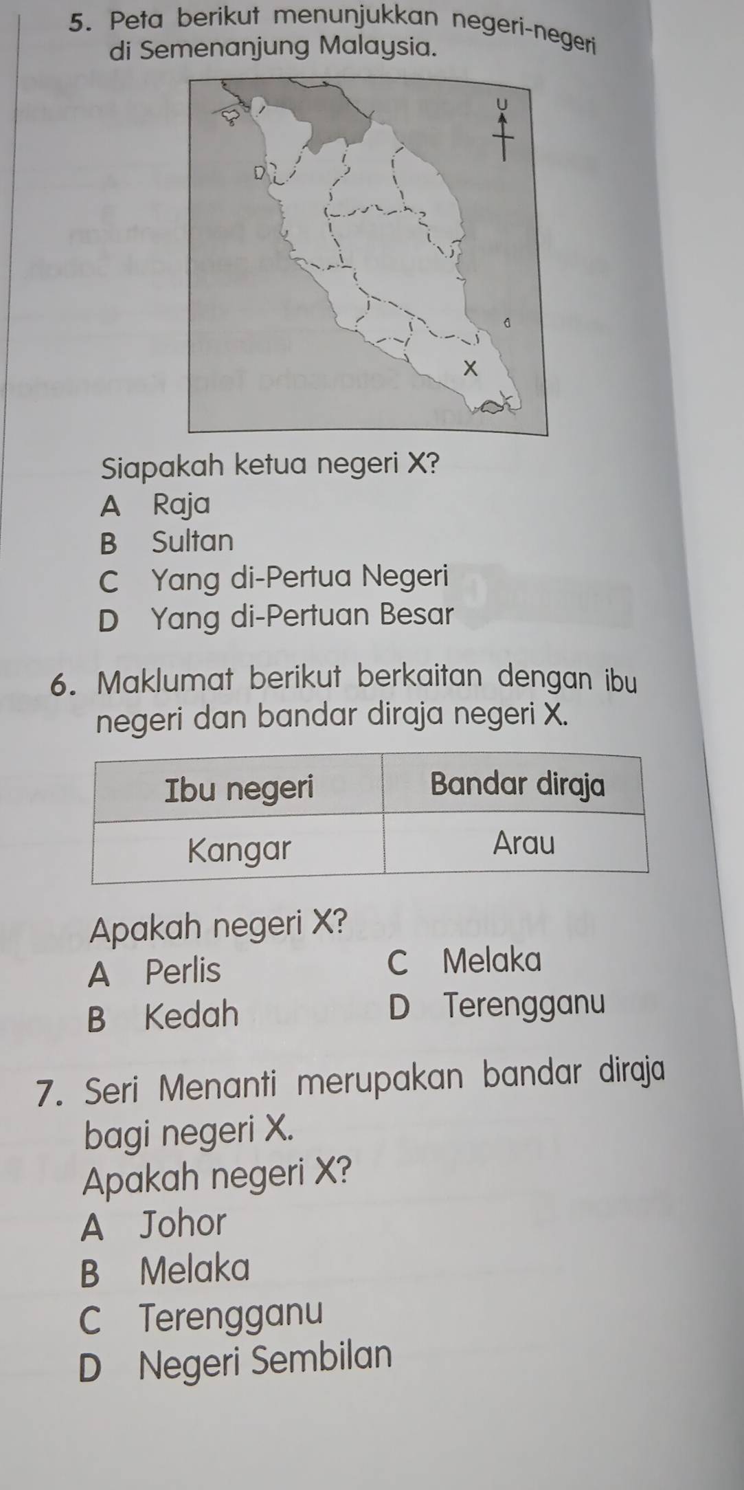 Peta berikut menunjukkan negeri-negeri
di Semenanjung Malaysia.
Siapakah ketua negeri X?
A Raja
B Sultan
C Yang di-Pertua Negeri
D Yang di-Pertuan Besar
6. Maklumat berikut berkaitan dengan ibu
negeri dan bandar diraja negeri X.
Apakah negeri X?
A Perlis C Melaka
B Kedah D Terengganu
7. Seri Menanti merupakan bandar diraja
bagi negeri X.
Apakah negeri X?
A Johor
B Melaka
C Terengganu
D Negeri Sembilan