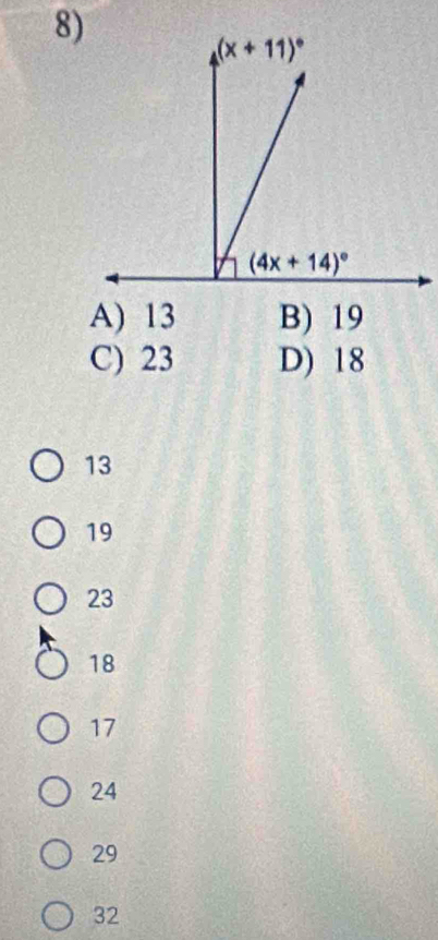 A) 13 B) 19
C) 23 D) 18
13
19
23
18
17
24
29
32