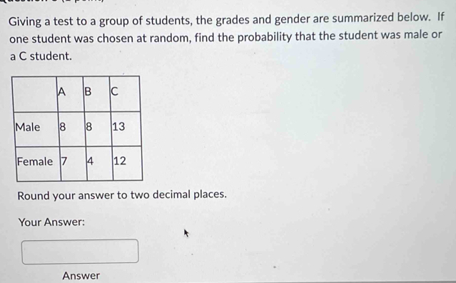 Giving a test to a group of students, the grades and gender are summarized below. If 
one student was chosen at random, find the probability that the student was male or 
a C student. 
Round your answer to two decimal places. 
Your Answer: 
Answer