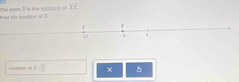 The point Y is the midgoint of overline XZ. 
Find the location of Z. 
Location of z:□
×