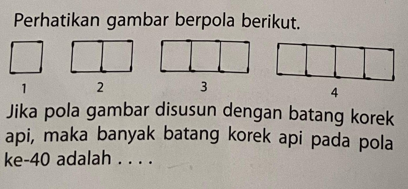 Perhatikan gambar berpola berikut. 
1
2
3
4 
Jika pola gambar disusun dengan batang korek 
api, maka banyak batang korek api pada pola 
ke -40 adalah . . . .