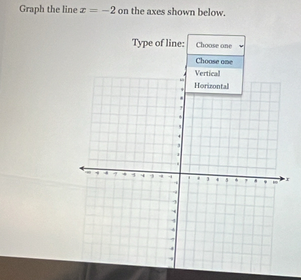 Graph the line x=-2 on the axes shown below.