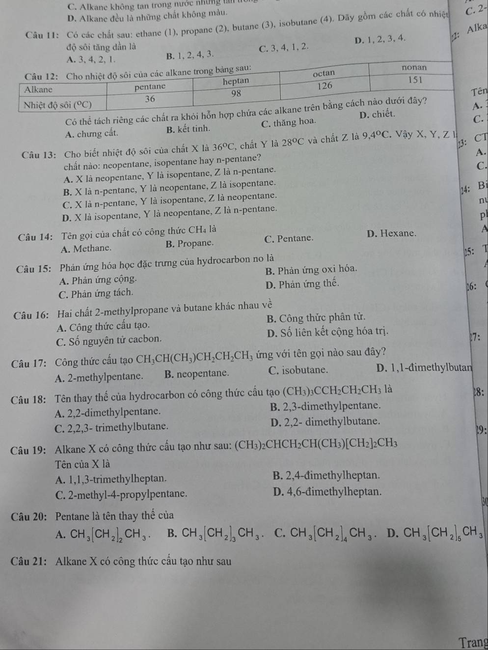 C. Alkane không tan trong nước những ta  t
D. Alkane đều là những chất không màu.
Câu 11: Có các chất sau: ethane (1), propane (2), butane (3), isobutane (4). Dãy gồm các chất có nhiệt C. 2-
4, 3. C. 3, 4, 1, 2. D. 1, 2, 3, 4. 2: Alka
độ sôi tăng dần là
n
Có thể tách riêng các chất ra khỏi
A. chưng cất. B. kết tinh. C. thăng hoa. 
C.
23: CT
Câu 13: Cho biết nhiệt độ sôi của chất X là 36°C , chất Y là 28°C và chất Z là 9,4°C. Vậy X, Y, Z I
A.
chất nào: neopentane, isopentane hay n-pentane?
A. X là neopentane, Y là isopentane, Z là n-pentane.
C.
B. X là n-pentane, Y là neopentane, Z là isopentane.
24:B
C. X là n-pentane, Y là isopentane, Z là neopentane.
n
D. X là isopentane, Y là neopentane, Z là n-pentane.
p
Câu 14: Tên gọi của chất có công thức CH_4 là D. Hexane.
A. Methane. B. Propane. C. Pentane. A
!5:
Câu 15: Phản ứng hóa học đặc trưng của hydrocarbon no là 1
A. Phản ứng cộng. B. Phản ứng oxi hóa.
C. Phản ứng tách. D. Phản ứng thế.
26:
Câu 16: Hai chất 2-methylpropane và butane khác nhau  v 2
A. Công thức cấu tạo. B. Công thửc phân tử.
D. Số liên kết cộng hóa trị.
C. Số nguyên tử cacbon.
7:
Câu 17: Công thức cấu tạo CH_3CH(CH_3)CH_2CH_2CH_3 ứng với tên gọi nào sau đây?
A. 2-methylpentane. B. neopentane. C. isobutane. D. 1,1-đimethylbutan
Câu 18: Tên thay thế của hydrocarbon có công thức cầu tạo (CH_3)_3CCH_2CH_2CH_3 là
8:
A. 2,2-dimethylpentane. B. 2,3-dimethylpentane.
C. 2,2,3- trimethylbutane. D. 2,2- dimethylbutane.
29:
Câu 19: Alkane X có công thức cấu tạo như sau: (CH_3)_2CHCH_2CH(CH_3)[CH_2]_2CH_3
Tên của X là
A. 1,1,3-trimethylheptan. B. 2,4-đimethylheptan.
C. 2-methyl-4-propylpentane. D. 4,6-đimethylheptan.
30
Câu 20: Pentane là tên thay thế của
A. CH_3[CH_2]_2CH_3. B. CH_3[CH_2]_3CH_3. C. CH_3[CH_2]_4CH_3 D. CH_3[CH_2]_5CH_3
Câu 21: Alkane X có công thức cấu tạo như sau
Trang