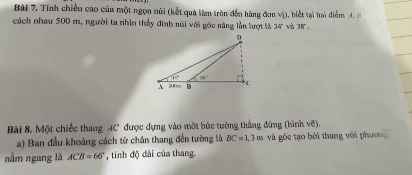 Tính chiều cao của một ngọn núi (kết quả làm tròn đến hàng đơn vị), biết tại hai điểm A. B
cách nhau 500 m, người ta nhìn thấy đỉnh núi với góc nâng lần lượt là 34° và 38°.
Bài 8. Một chiếc thang AC được dựng vào một bức tường thẳng đứng (hình vẽ).
a) Ban đầu khoảng cách từ chân thang đến tường là BC=1,3m và góc tạo bởi thang với phươn
nằm ngang là ACB=66° , tính độ dài của thang.