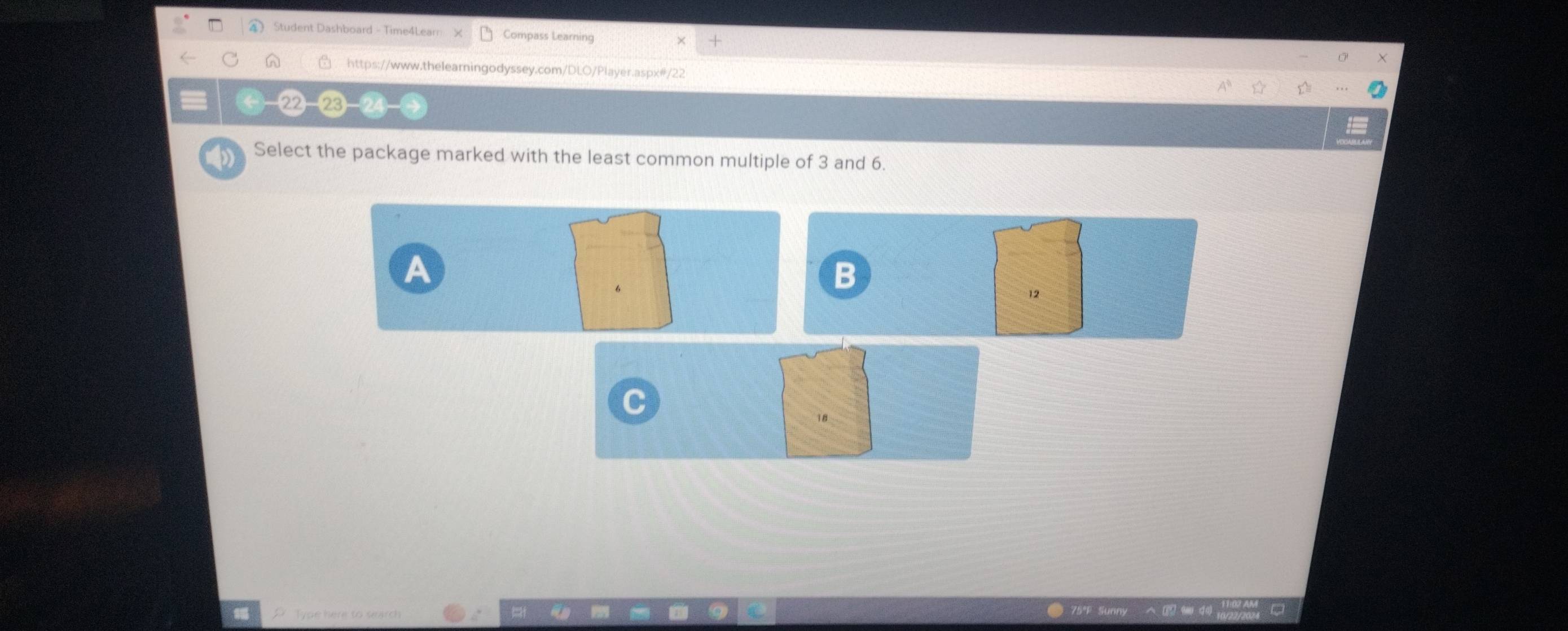 Student Dashboard - Time4Learn Compass Learning 
https://www.theleamingodyssey.com/DLO/Player.aspx#/22 
Select the package marked with the least common multiple of 3 and 6. 
A 
B
12
18