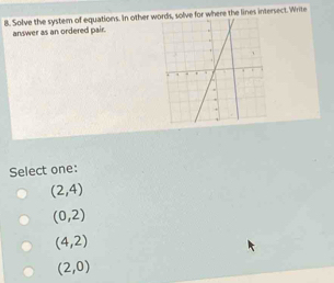 Solve the system of equations. In other wo for where the lines intersect. Write
answer as an ordered pair. 
Select one:
(2,4)
(0,2)
(4,2)
(2,0)