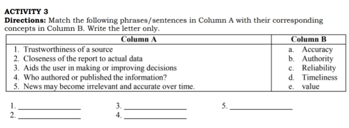 ACTIVITY 3 
Directions: Match the following phrases/sentences in Column A with their corresponding 
concepts in Column B. Write the letter only. 
1._ 
3._ 
5._ 
2._ 
4._