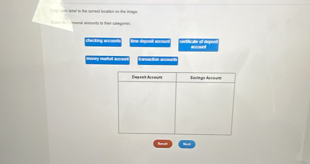 Drag exch label to the correct location on the image.
Match the cwsonal accounts to their categories.
checking accounts time deposit account certificale of deposil
account
money market accoun! transaction accounts
Reset Next