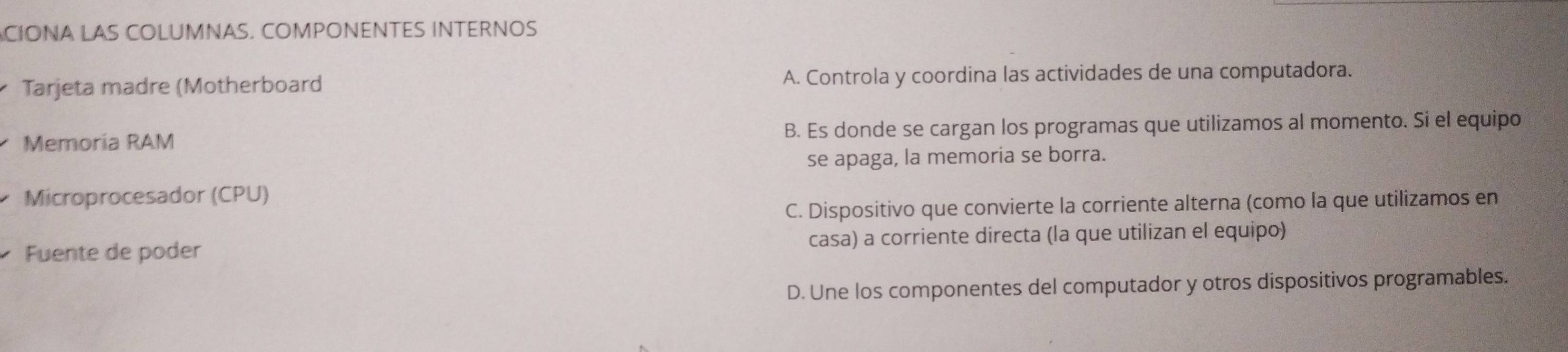 CIONA LAS COLUMNAS. COMPONENTES INTERNOS
Tarjeta madre (Motherboard A. Controla y coordina las actividades de una computadora.
Memoria RAM B. Es donde se cargan los programas que utilizamos al momento. Si el equipo
se apaga, la memoria se borra.
Microprocesador (CPU)
C. Dispositivo que convierte la corriente alterna (como la que utilizamos en
Fuente de poder casa) a corriente directa (la que utilizan el equipo)
D. Une los componentes del computador y otros dispositivos programables.