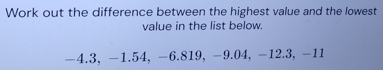 Work out the difference between the highest value and the lowest 
value in the list below.
−4.3, −1.54, -6.819, -9.04, −12.3, −11